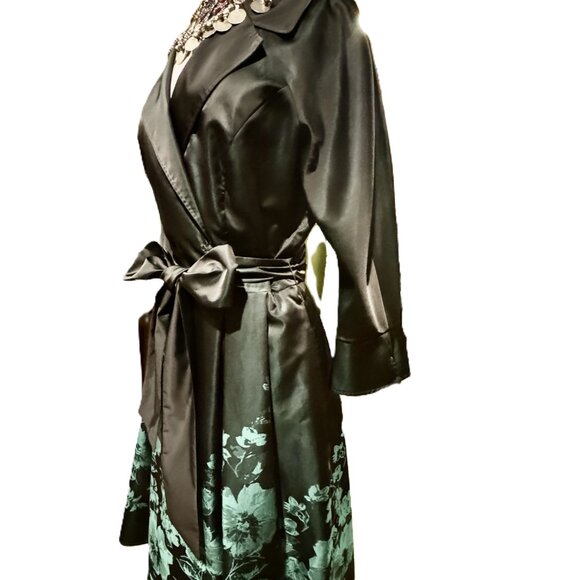 Teri Jon Elegant Flared Emerald and Forest Green Print Dress with Pockets - Picture 2 of 6